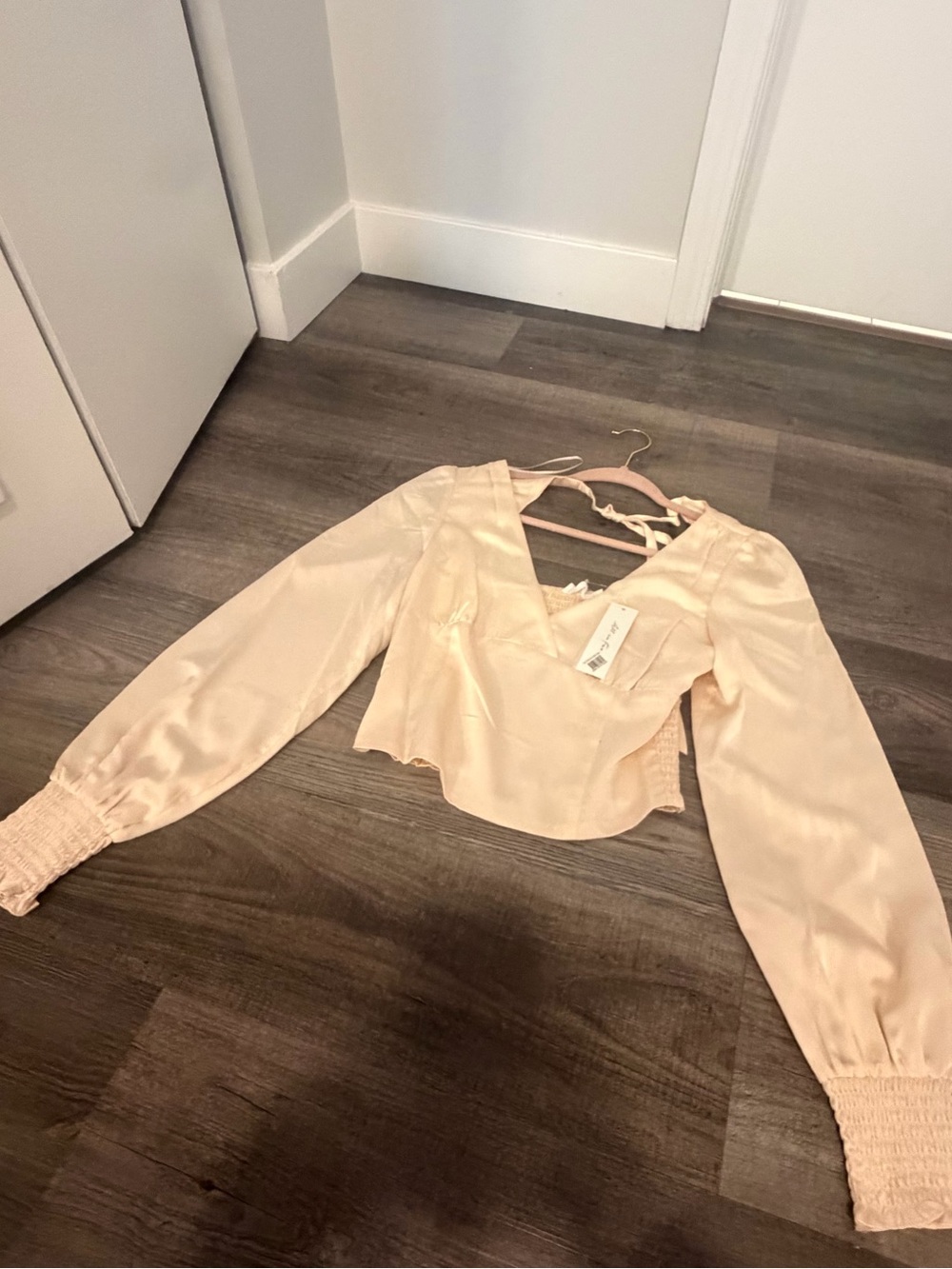 Satin V-Neck Long Sleeve Women's Top in Blush Cream
